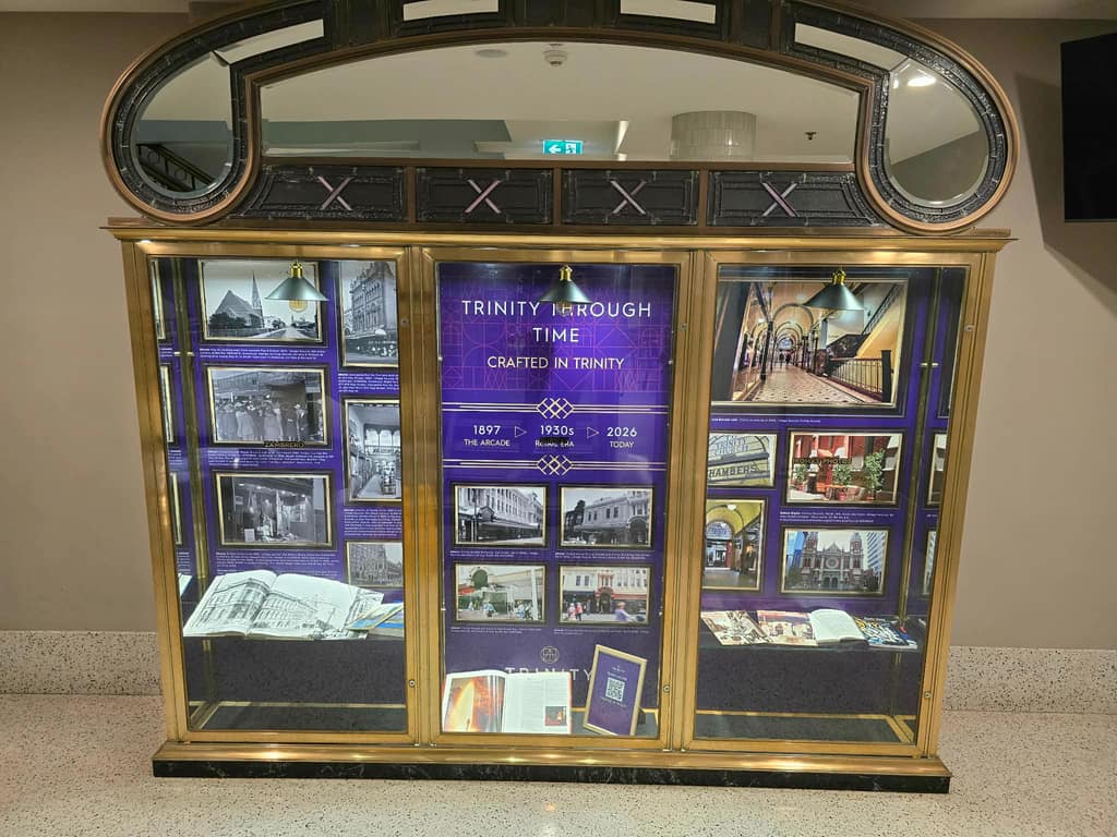 Trinity Through Time cabinet installation presenting heritage imagery and interpretive storytelling