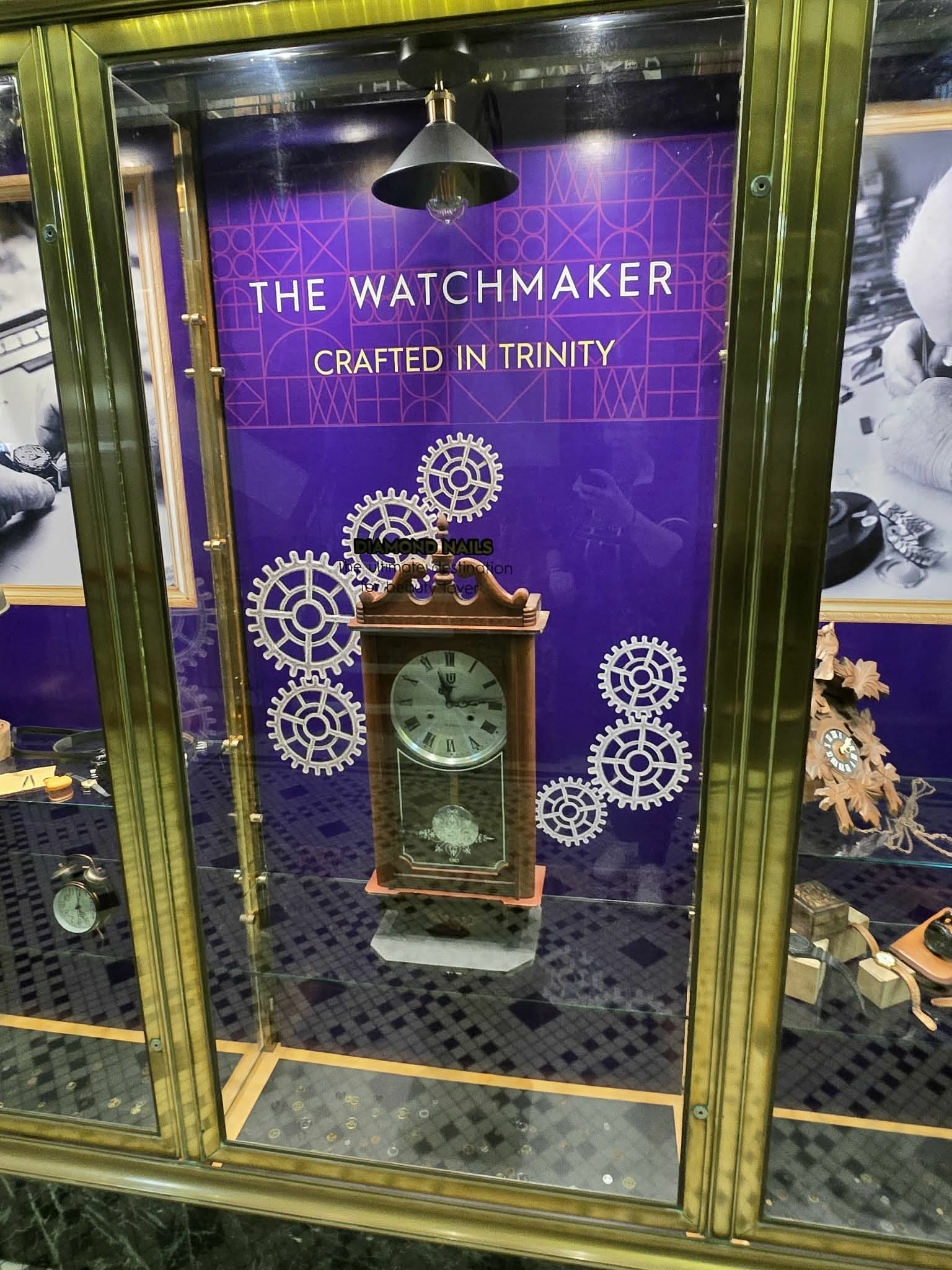 Close detail of The Watchmaker cabinet in Trinity Arcade